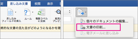 [差し込み文書] タブで [完了と差し込み] と [文書の印刷] が強調表示されています