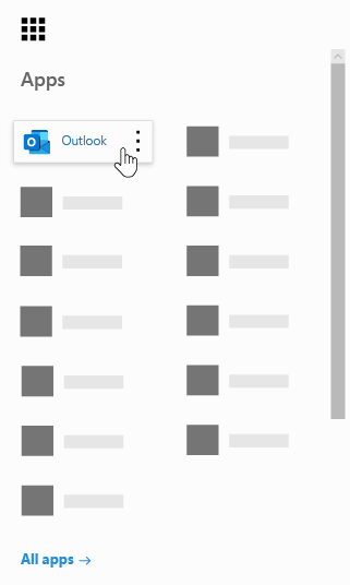 Outlook アプリが強調表示された Microsoft 365 アプリ起動ツール。