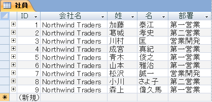 データシート ビューの [従業員] テーブル