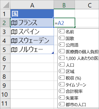 セル A2 には "フランス" が含まれます; セル B2 には =A2. が含まれ、数式オートコンプリート メニューは、リンクされたレコードからのフィールドと共に表示されます