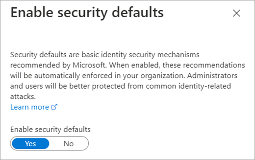 Azure Active Directory プロパティの [セキュリティの既定値を有効にする] ダイアログ。