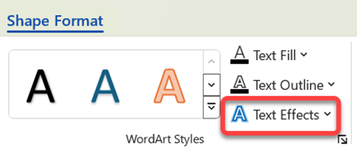 ワードアートに視覚効果を追加するには、その効果を選択し、[図形の書式] タブで [テキスト効果] を選択します。