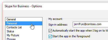 [個人用] タブが選択された状態の、Skype for Business の [オプション] ウィンドウ。