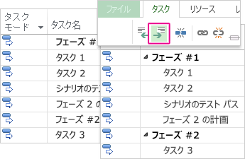 サマリー タスクおよびサブタスク付きタスク リストのガント チャート表示