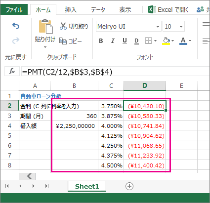 この場合、B2:D8 というセルの範囲がデータ テーブル