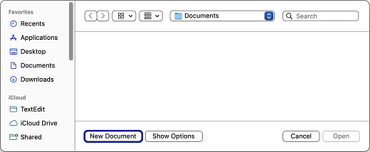 [新しいドキュメント] ボタンが表示された [TextEdit] ウィンドウ。