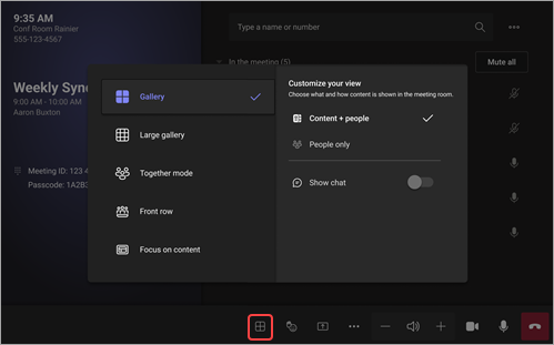 Microsoft Teams Rooms で Android でビューを変更する方法を示すスクリーンショット