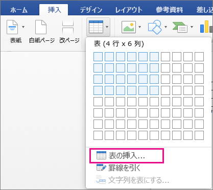 ユーザー設定の表を作成するための [表の挿入] が強調表示されている