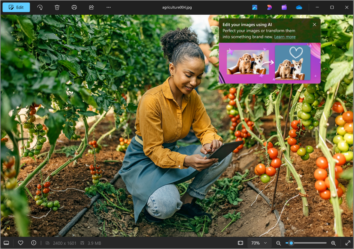 [デザイナーで編集] オプションを使用した Microsoft フォトのスクリーンショット。