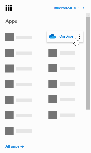 Office 365 アプリ起動ツールで [OneDrive] アプリが強調表示されている