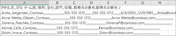 .xls 形式で保存された .csv ファイルの例。