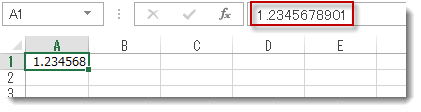 セル A1 の丸められた数値と数式バーに表示された数値全体