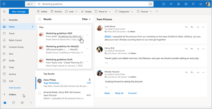 Outlook の検索結果は、カード オーバーレイに表示されます。