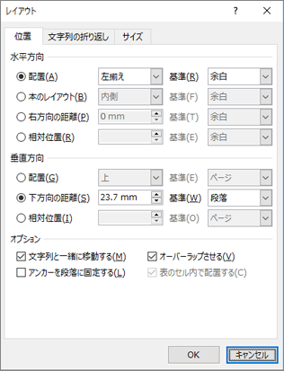 レイアウト オプションの [位置] タブ