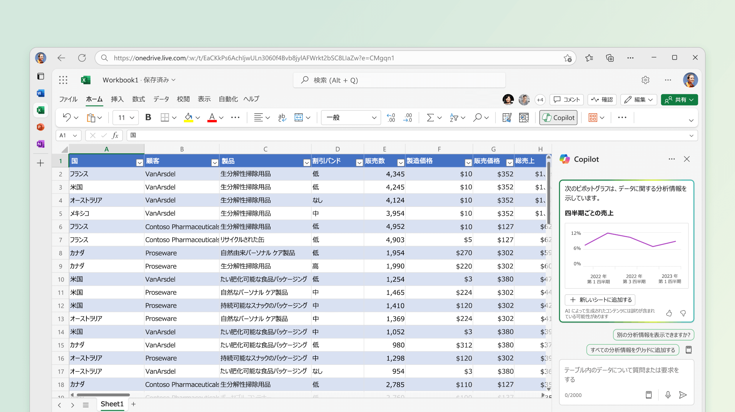 既存のデータから分析情報を識別する Excel の Copilot を示すスクリーンショット。