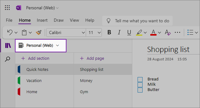 コンテンツ領域を示す OneNote Web UI の表示