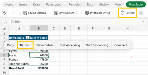 Excel for iPad でのピボット テーブルの更新のスクリーンショット