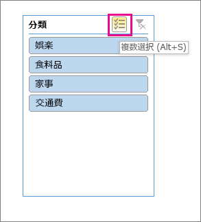 スライサーの選択肢と強調表示された [複数選択] ボタン