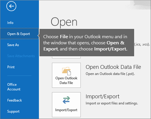 Outlook pst ファイルを作成するには、[ファイル]、[開く/エクスポート]、[インポート/エクスポート] の順に選ぶ