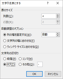 [文字列を表にする] ダイアログ ボックスが表示されます。