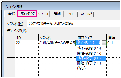 [タスク情報] ダイアログ ボックスの [先行タスク] タブ