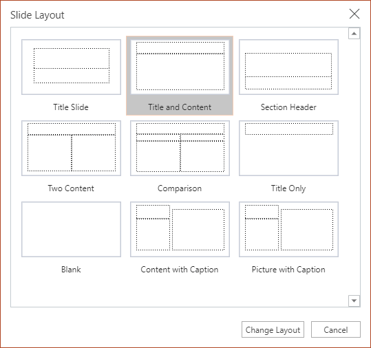 웹용 PowerPoint의 슬라이드 레이아웃 대화 상자