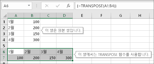 원본 셀(위), TRANSPOSE 함수가 포함된 셀(아래)