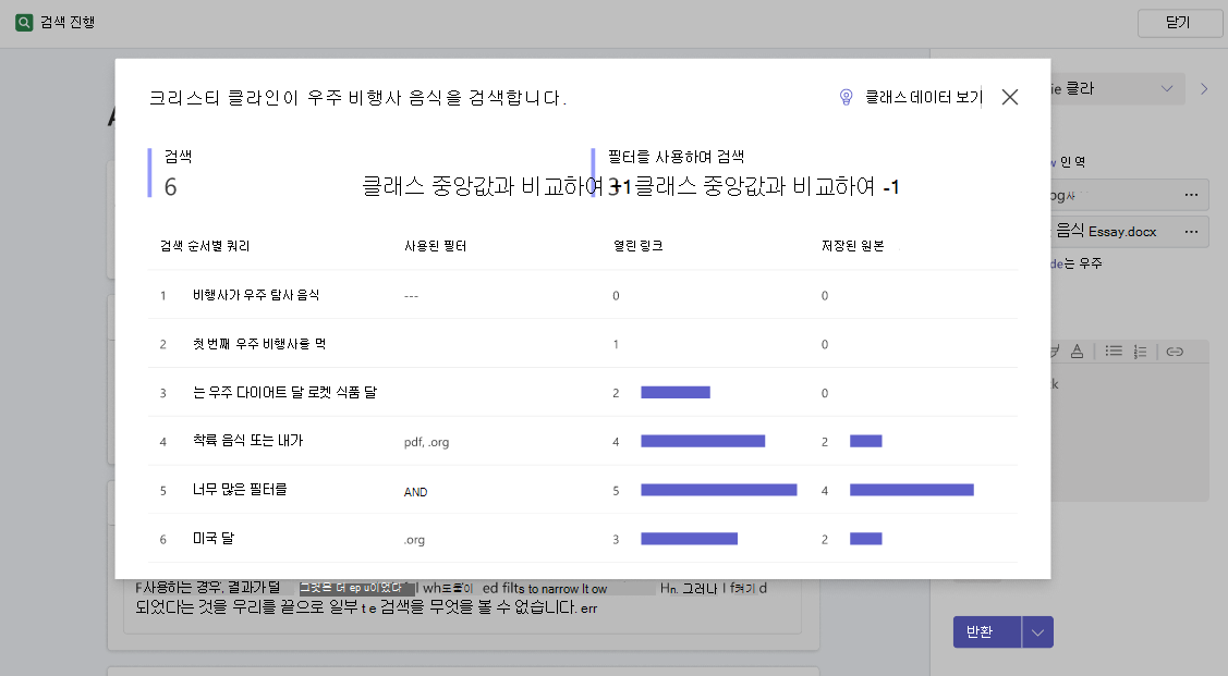 학생이 수행한 검색에 대한 보다 자세한 개요를 보여 주는 팝업 창과 필터를 사용하여 수행된 검색 수와 클래스 중앙값을 비교하는 방법을 보여 줍니다.