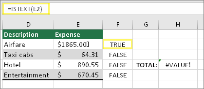 =ISTEXT(E2)가 입력된 셀 F2 및 결과 TRUE