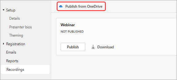 One Drive에서 웨비나 녹음/녹화를 게시하는 방법을 보여 주는 스크린샷