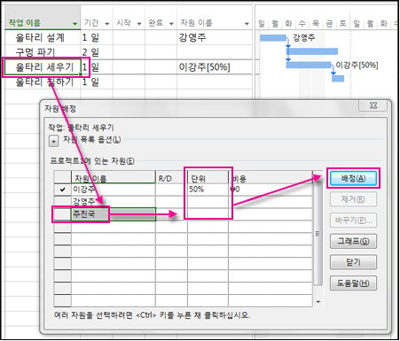 자원 배정 대화 상자