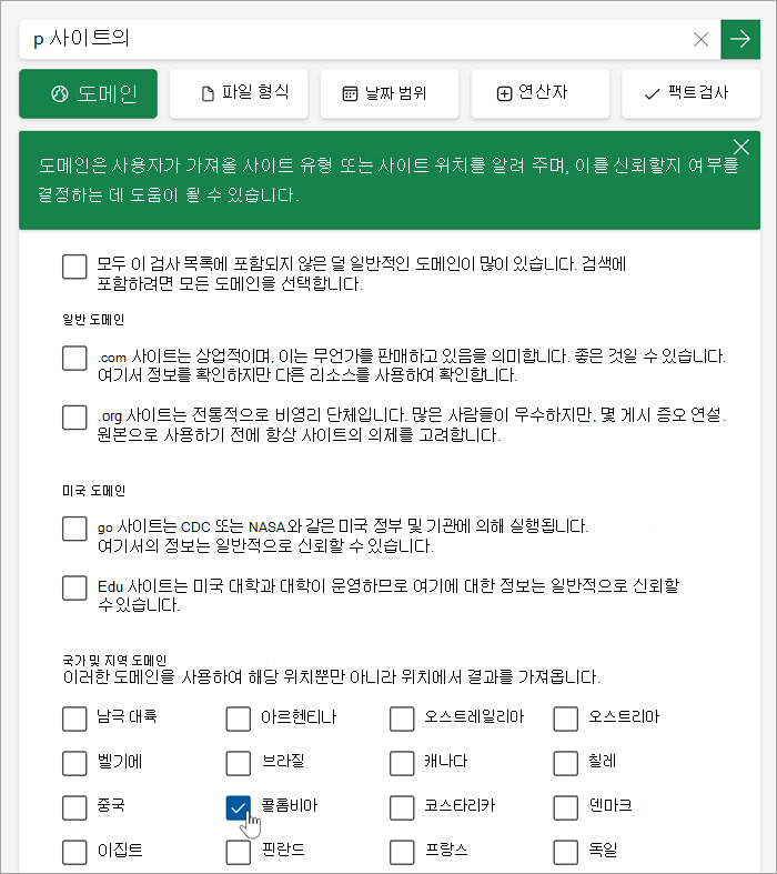 더 많은 항목을 클릭한 후의 국가 및 지역 도메인 목록 스크린샷