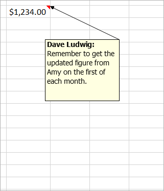 $1234.00과 oOlder, 레거시 메모가 첨부된 셀: "Dave Ludwig: 이 수치가 올바른가요?"