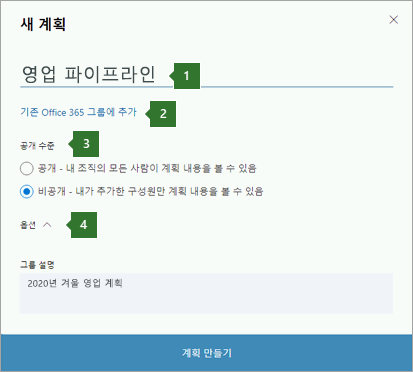 "Sales pipeline"에 입력된 이름 1개, "기존 Office 365 그룹에 추가" 옵션 2개, 개인 정보 옵션 3개 및 옵션 드롭다운 4개에 대한 설명선이 표시된 Planner 새 계획 대화 상자의 스크린샷