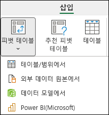 "Power BI에서" 옵션을 표시하는 피벗 테이블 드롭다운을 삽입합니다.