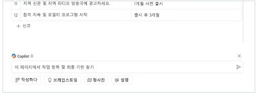 "이 페이지에서 작업 항목 및 마감일을 찾아줘"가 캔버스의 Copilot 텍스트 상자의 Loop에 입력됨
