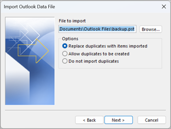 Outlook 데이터 파일 가져오기 화면에서 가져올 .pst 파일을 찾습니다. 중복 항목을 처리하는 방법에 대한 옵션 중에서 선택합니다.