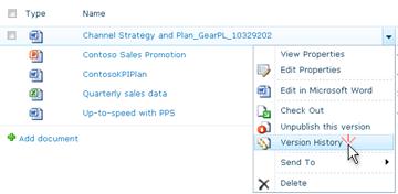 SharePoint 파일의 드롭다운 목록입니다. 버전 기록이 선택됩니다.