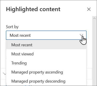 최신 SharePoint 환경의 강조 표시된 콘텐츠 웹 파트에 대한 정렬 기준 옵션