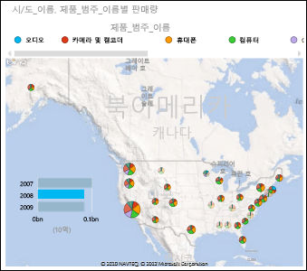 원형 차트가 포함된 미국의 Power View 지도