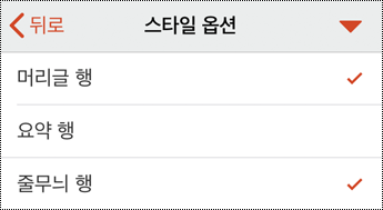 iOS용 PowerPoint의 테이블 헤더 메뉴입니다.