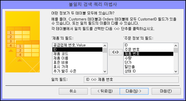 불일치 검색 쿼리 마법사 대화 상자의 테이블에서 일치하는 필드 선택