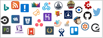 표시된 로고에는 Aha!, AppSignal, Asana, Bing News, BitBucket, Bugsnag, CircleCI, Codeship, Crashlytics, Datadog, Dynamics CRM Online, GitHub, GoSquared, Groove, HelpScout, Heroku, Incoming Webhook, JIRA, MailChimp, PagerDuty, Pivotal Tracker, Raygun,