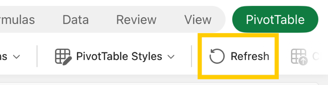 iPad의 리본 메뉴에 있는 피벗 테이블 새로 고침 단추입니다.