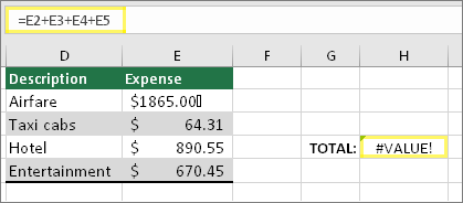 =E2+E3+E4+E5가 입력된 H4 및 결과 #VALUE!