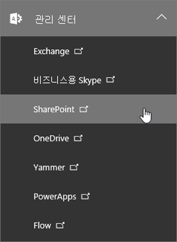 SharePoint를 포함한 Office 365에 대한 관리 센터 목록.