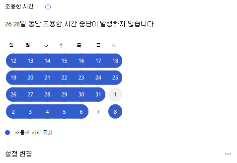 웰빙 탭에서 진행률 추적 아래의 조용한 시간 카드 보여 주는 스크린샷