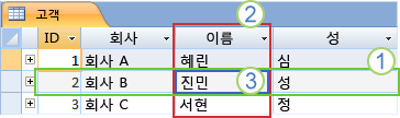 레코드 및 필드 레이아웃을 보여 주는 Access의 '고객' 테이블