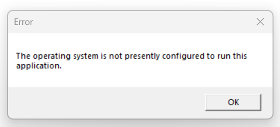 "운영 체제가 현재 이 애플리케이션을 실행하도록 구성되지 않았습니다." 오류 스크린샷