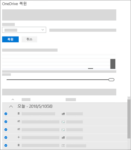 OneDrive 복원에서 활동을 선택하기 위한 활동 차트와 활동 피드 사용 스크린샷